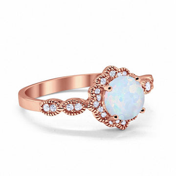 Floral Art Engagement Ring Rose Tone, Lab Created White Opal 925 Sterling Silver